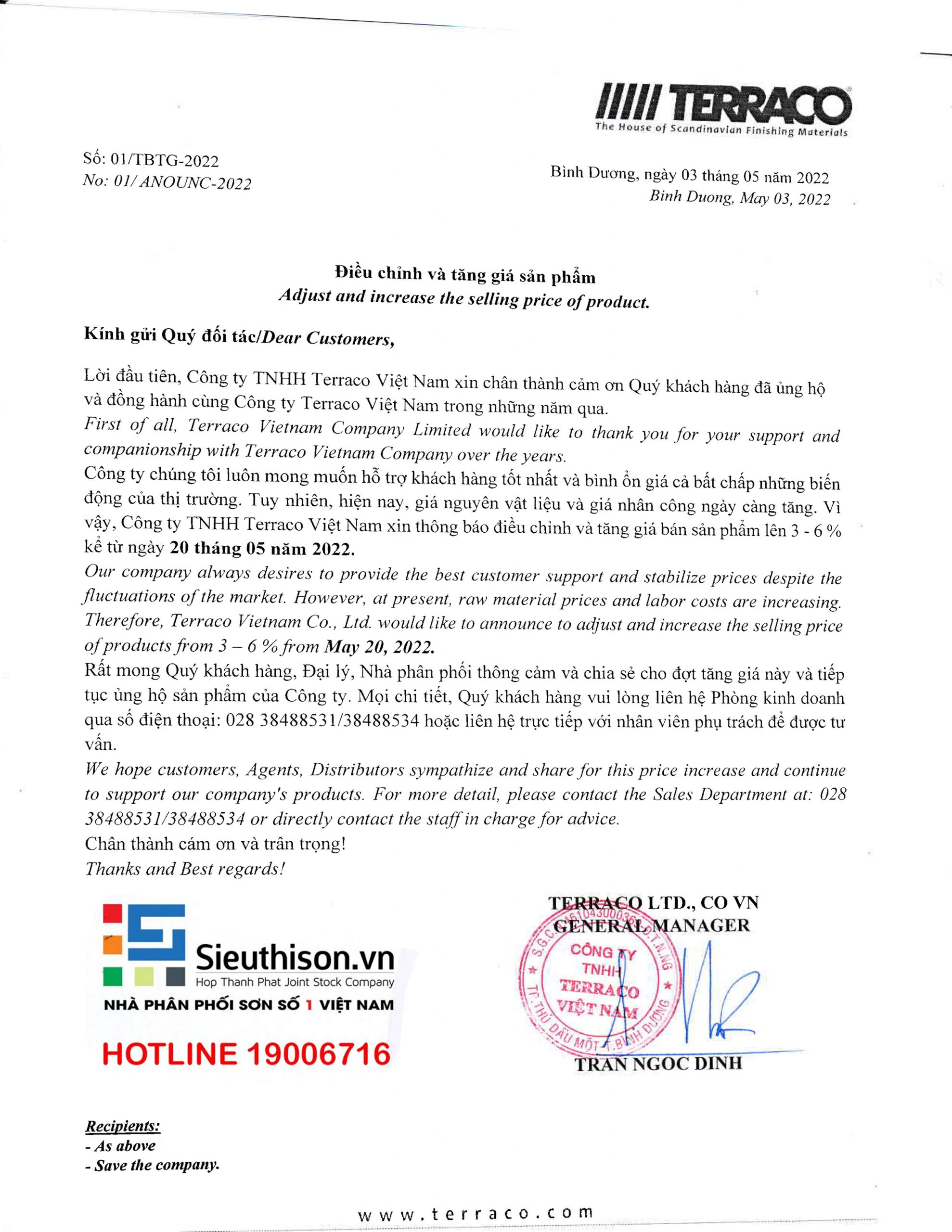 thông báo thay đổi giá