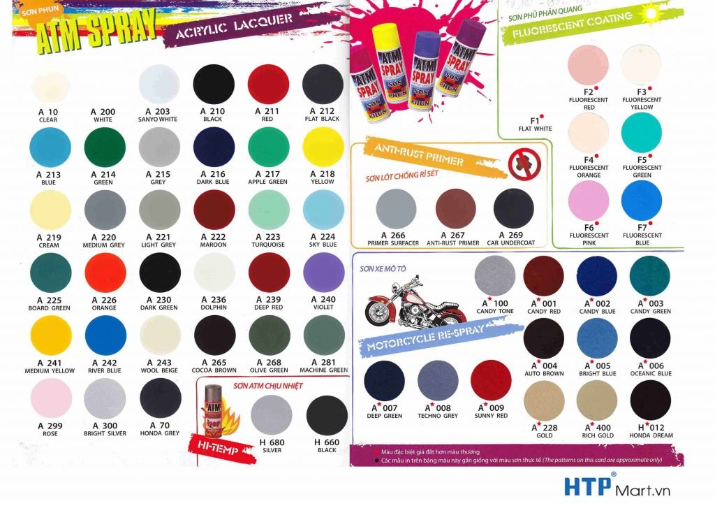 Bảng màu sơn phun ATM thường được sử dụng trong việc sơn lớp phủ cho sản phẩm nào?
